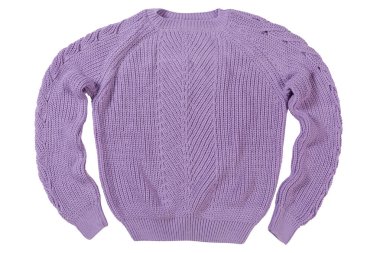 Lilac knitted women's sweater with patterns, on a white background, isolate