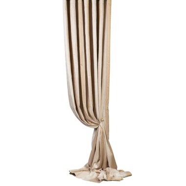 long beige curtain with pleats and with a fastener, on a white background, isolate