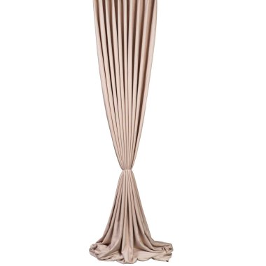 a long light brown curtain with tails, tied with a braid in the center, on a white background, isolate
