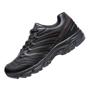 Bir siyah spor ayakkabı, beyaz arka planda, spor ayakkabıları eğik, izole edilmiş.