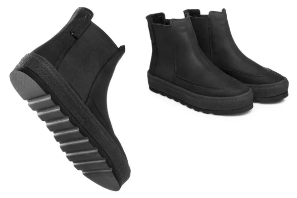 Bottes Cuir Noir Sur Fond Blanc Une Paire Chaussures Automne — Photo