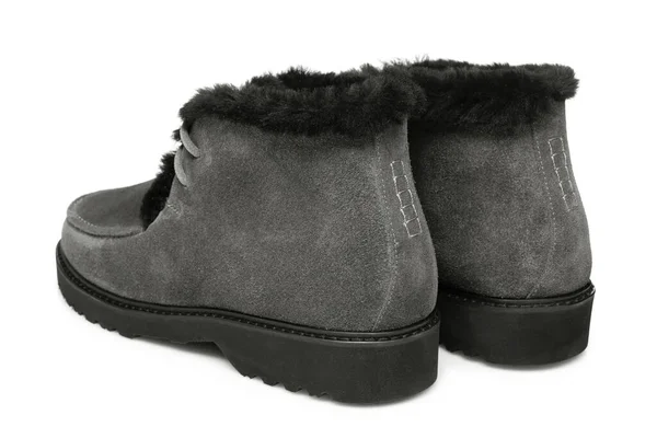 Paire Bottes Daim Gris Dos Fond Blanc Chaussures Hiver Isoler — Photo