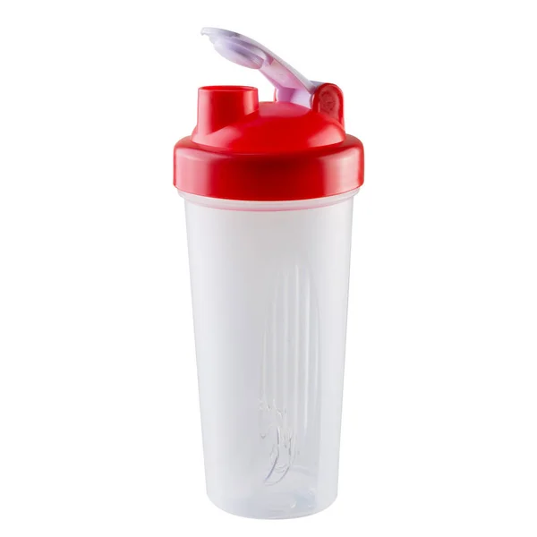 赤い帽子をかぶったプラスチック製のシェイカー 白い背景にスポーツ栄養用のボトル カクテル用のボトル 隔離された — ストック写真