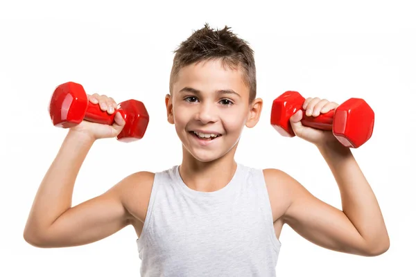 Fröhliche Junge Sportler Hob Seine Hände Mit Roten Hanteln Macht — Stockfoto