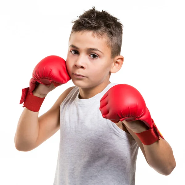 Jongen Rode Handschoenen Gevechten Houding Jonge Atleet Witte Achtergrond Isoleren — Stockfoto