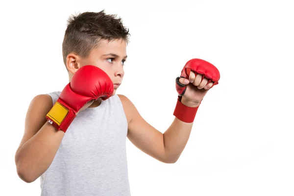 Karate Junge Kampfhaltung Konzentriert Sich Auf Seine Hände Rote Handschuhe — Stockfoto