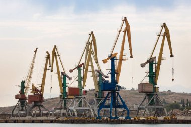 Yedi farklı renkte vinç, gökyüzüne karşı, limanda çalışıyor, genel plan