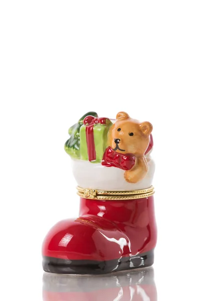 Kerstversiering Rode Schoen Met Speelgoed Witte Achtergrond Kerstconcept — Stockfoto