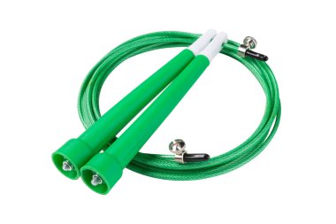 yeşil halat atlama jimnastik veya fitness için, metal ip atlama plastik örgü, beyaz arka planda, izole