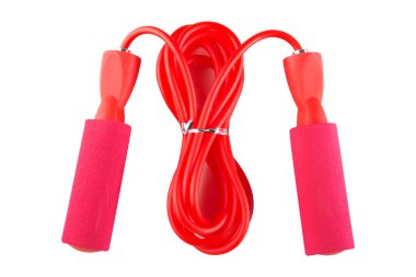 Kırmızı ip yumuşak saplı fitness için, ip atlama bükülmüş, beyaz arka planda