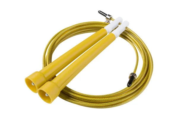 Cuerda Gimnástica Amarilla Retuerce Sobre Fondo Blanco Cable Metal Trenza — Foto de Stock