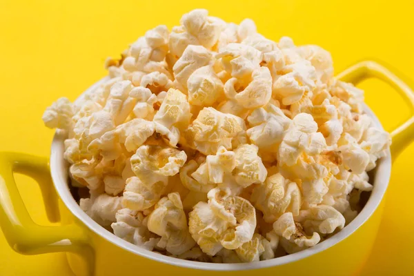Popcorn Yellow Pan Yellow Background Concept Fast Food Snacks Close — Stock Photo, Image