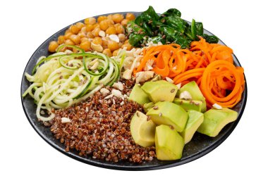 Tabakta bir çeşit yiyecek, Kenua lapası ve avokado ile bir kase, çiğ sebze dilimleri ve haşlanmış bezelye, sağlıklı bir diyet, izole edilmiş.