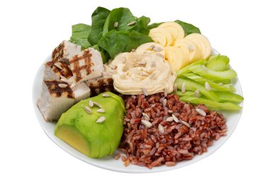 Bir kasede sağlıklı yiyecekler, ızgara et ve humus, esmer pirinç ve omlet, kereviz ve avokado, Buda kasesi, yaşam tarzı