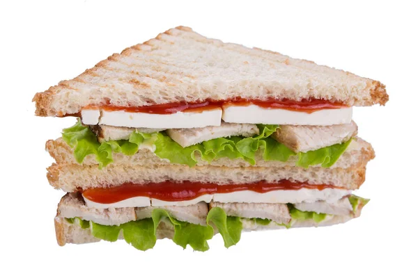 Sandwich Mozzarella Cheese Feta Chicken Meat Lettuce Leaves Ketchup Toasted — Stock Photo, Image