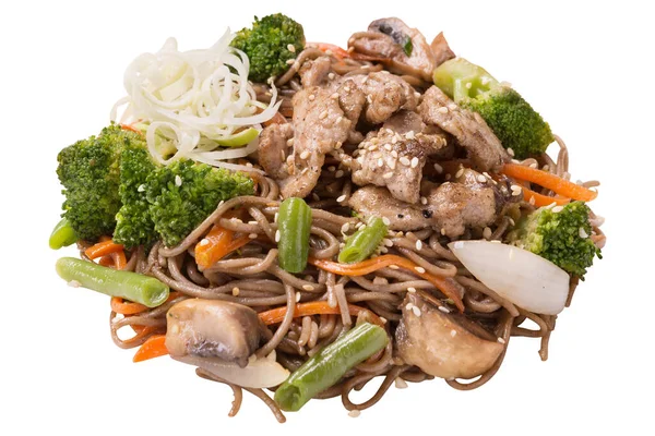 Tagliatelle Tailandesi Con Pezzi Carne Broccoli Altre Verdure Diverse Fondo — Foto Stock