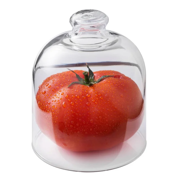 Tomate Rouge Avec Gouttes Eau Sous Une Fiole Verre Concept — Photo