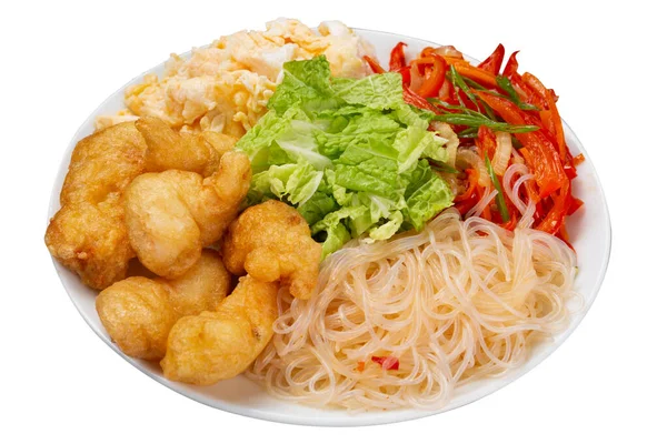 Plate Rice Noodles Fried Fish Salad Omelet White Background Asian — Stock Photo, Image