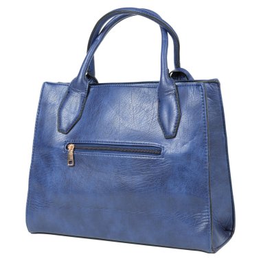 Beyaz arka planda fermuarlı ve iki saplı mavi kadın çantası.