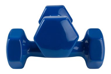 Bir çift dambıl mavi bir kabuk, üst üste, beyaz arka plan, izole