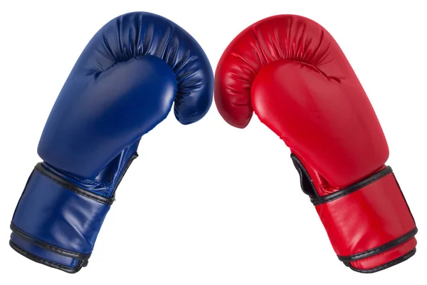 Two Boxing Gloves Blue Red White Background Touch Fingers Isolate — Stock Photo, Image