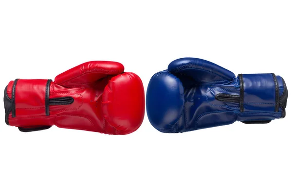 Two Boxing Gloves Blue Red Each Other Competition White Background — Stock Photo, Image