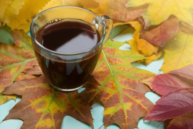 Sarı-kırmızı sonbahar yapraklarının üzerinde, turkuaz tahtaların üzerinde, yakın plan bir fincan koyu kahve.