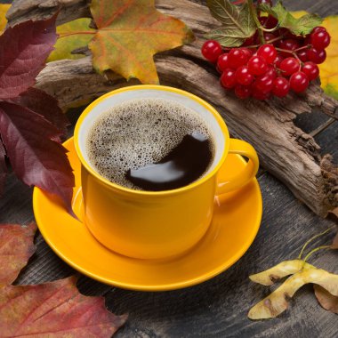 Tahta tahtalarda sarı kahve fincanı, sonbahar yaprakları ve viburnum meyveleriyle çevrili, yakın plan.