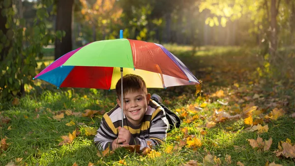 Веселий Хлопчик Лежить Траві Осінньому Парку Тримаючи Над Собою Відкриту — стокове фото