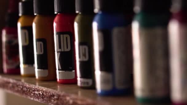 Bottles Colored Ink Tattoo Use — Vídeo de Stock
