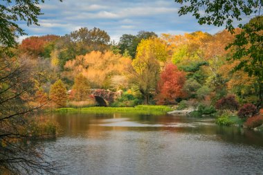 Central Park Gölü ile sonbahar manzarasında köprü, New York, ABD. 