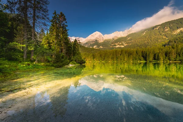Idyllic Lake Tovel Reflection Peaceful Sunrise Dolomites Alps Italy — Zdjęcie stockowe