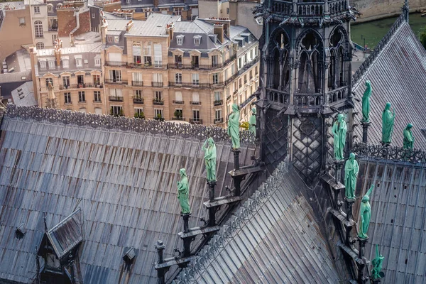 Gothic Notre Dame Cathedral Paris Spire Statues France — Stock Photo, Image