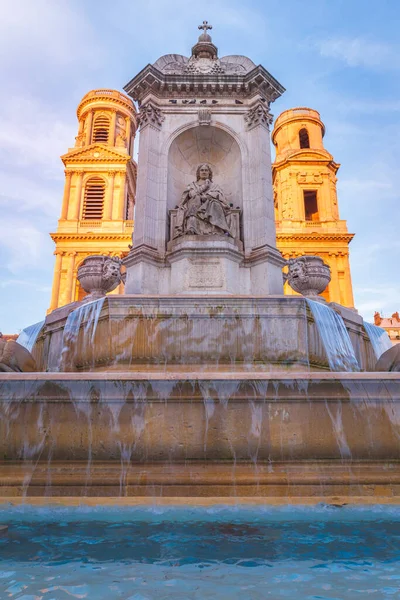 Church Saint Sulpice Fountain Golden Sunset Paris France — Stock fotografie