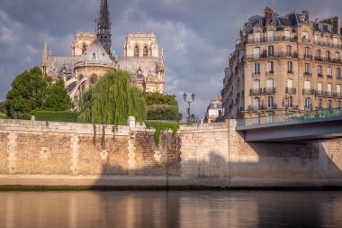 Paris 'in Notre Dame' ı Seine Nehri 'nin gerisinde güneş doğarken, Fransa