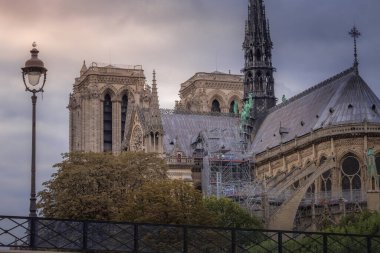 Notre Dame of Paris kulesi, sütunlar ve kemerler, sokak lambasıyla arka manzara, Fransa