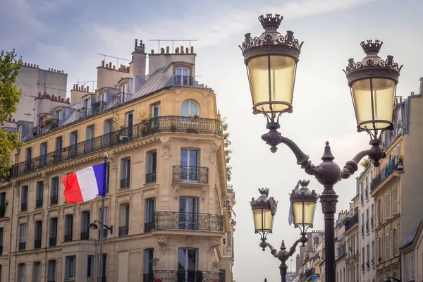 French Flag Winding Street Lights Parisian Architecture Paris France — Stockfoto