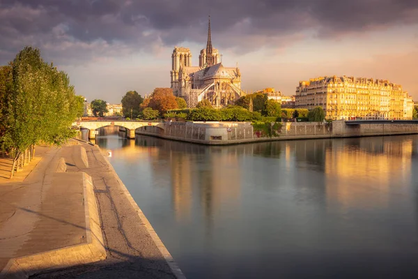 Notre Dame Paris Seine River Reflection Peaceful Sunrise France — Foto de Stock