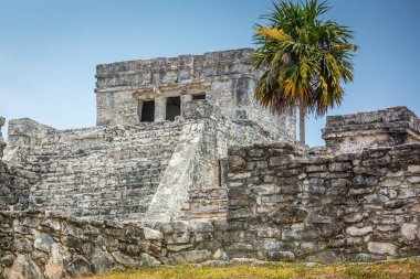 Tulum pyramid old ruin, Ancient Mayan civilization and caribbean beach in riviera maya, Mexico