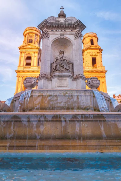 Church Saint Sulpice Fountain Golden Sunset Paris France — Foto de Stock