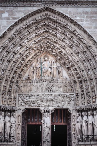 Notre Dame Paris Utolsó Ítélet Díszes Szobrok Homlokzat Részletek Franciaország — Stock Fotó