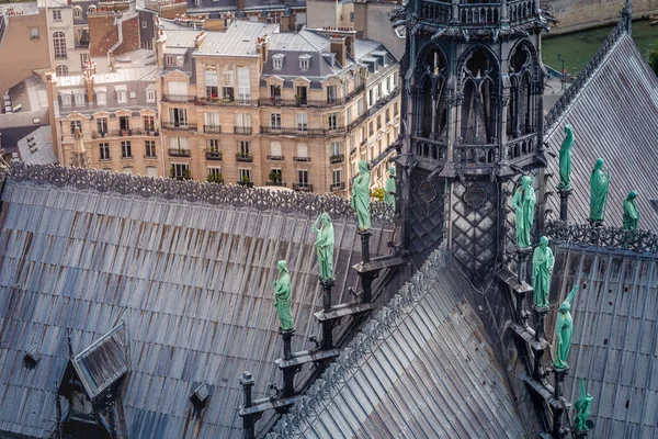 Gothic Notre Dame Cathedral Paris Spire Statues France — Photo