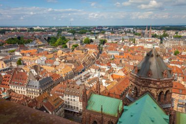 Strasbourgs roofs pattern from above gothic cathedral of our lady, Alsace, Eastern France