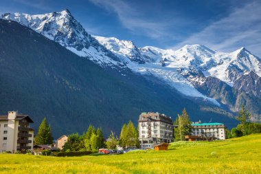 Chamonix village and Mont Blanc Massif in Haute Savoie, French Alps, france