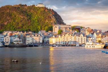 Alesund Sea port harbor with Aksla mountain at peaceful dawn, Norway, Scandinavia