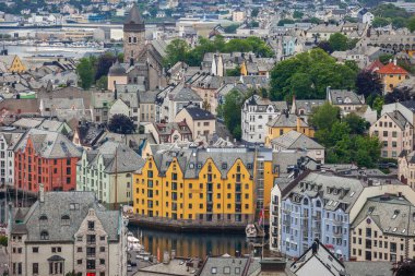Alesund Sea port harbor from above at peaceful sunrise, Norway, Scandinavia