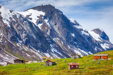 Red Rorbus huts in Hardanger conservation area, Norway, Scandinavia