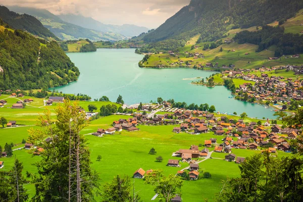 Aerial View Lungern Lake Luzern Sunny Day Switzerland Europe — Stok fotoğraf