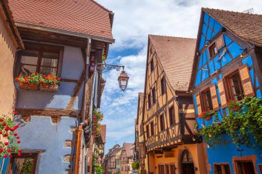 Riquewihr beautiful alsatian architecture at springtime with flowers, Eastern France