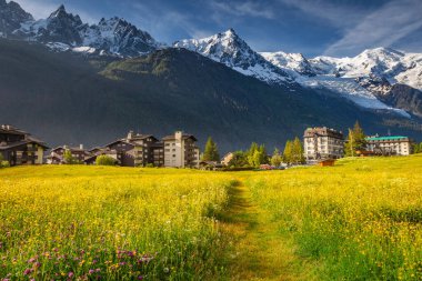Chamonix village and Mont Blanc Massif in Haute Savoie, French Alps, france
